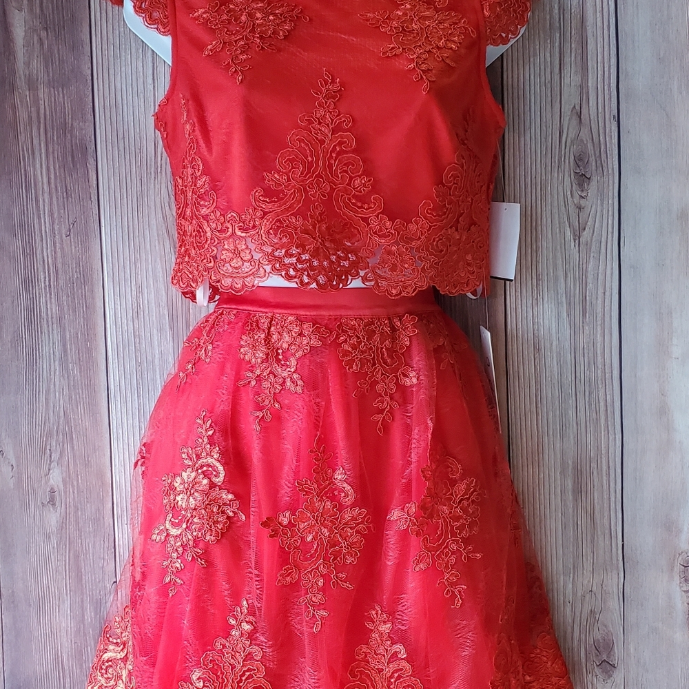 A.Drea 2 Piece Dress A-Line Floral Lace Red Size M